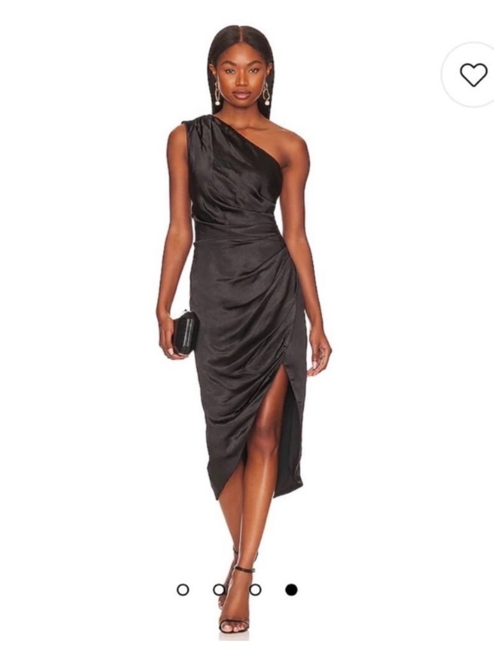 elliatt cassini black satin one shoulder ruched midi cocktail dress size small